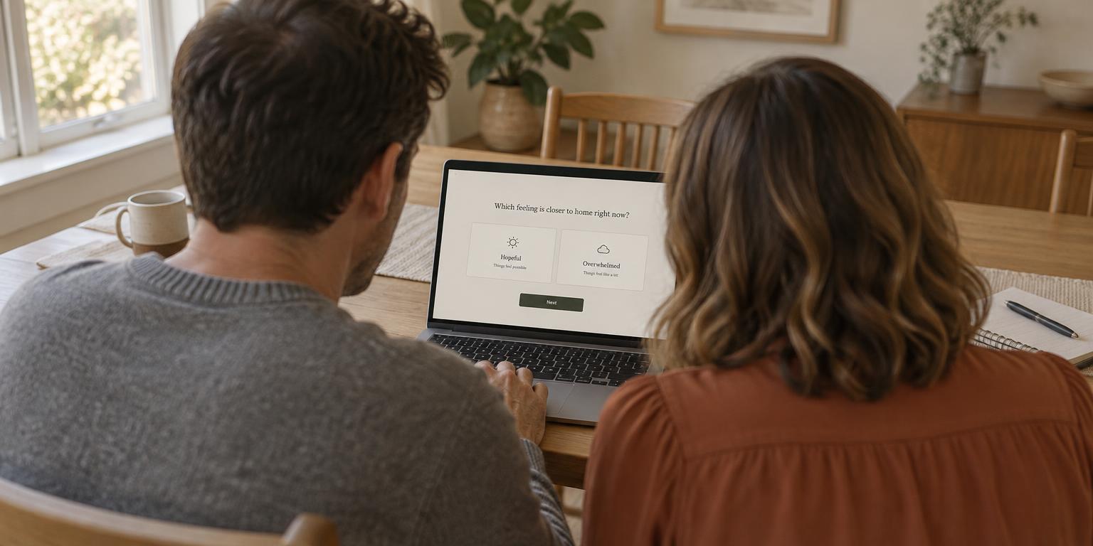 A couple seen from behind, sitting together at their dining room table and looking at the same question on a laptop
